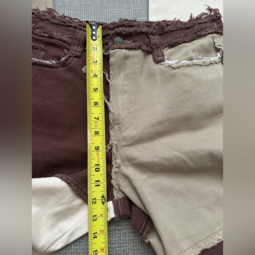Patchwork Boyfriend Pants Brown Tan Cream Distressed Raw Edge Y2K Grunge Sz W 30 - Picture 12 of 16